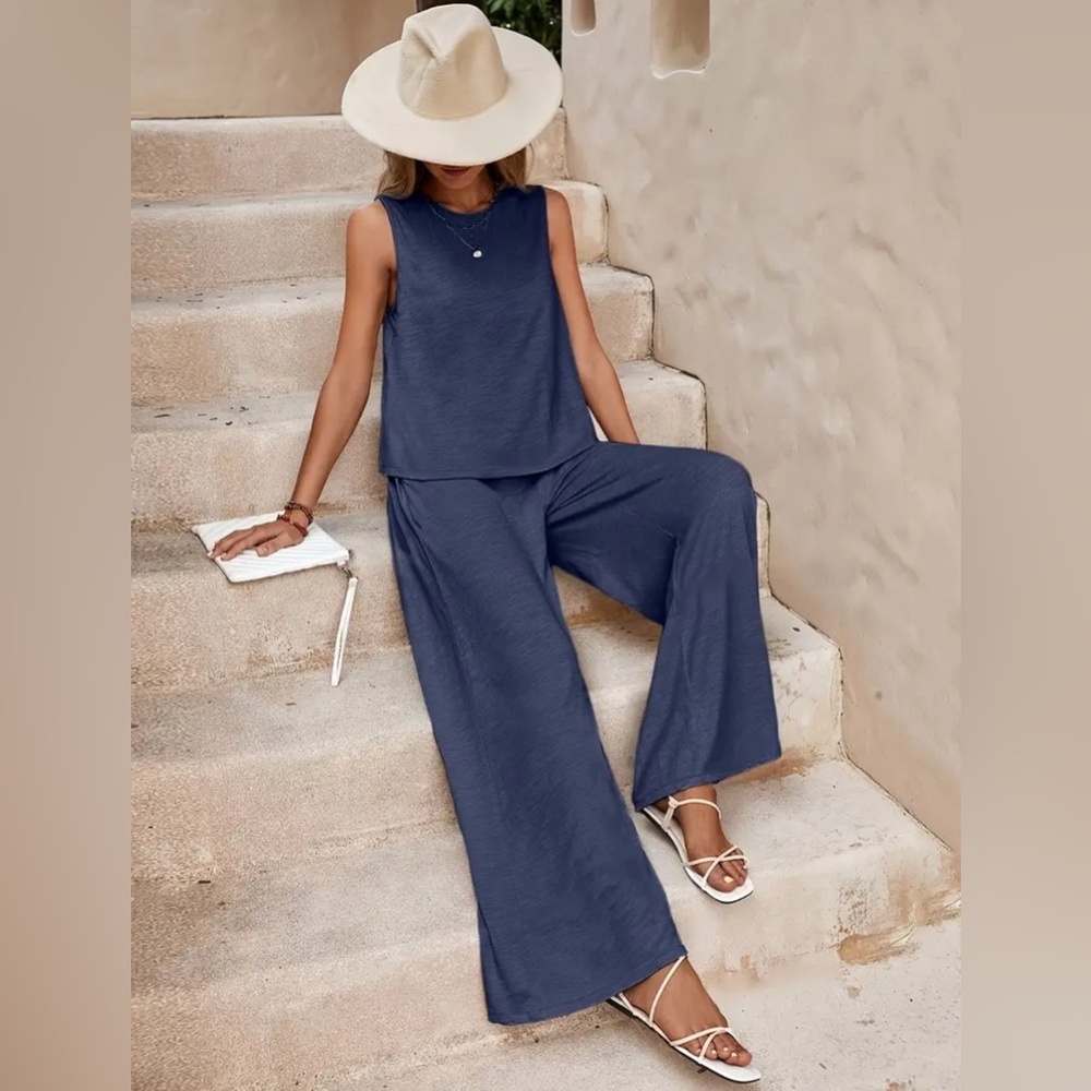 Solid Elegant Two-piece Set, Sleeveless Tank Top & Wide Leg Loose Pants Outfit